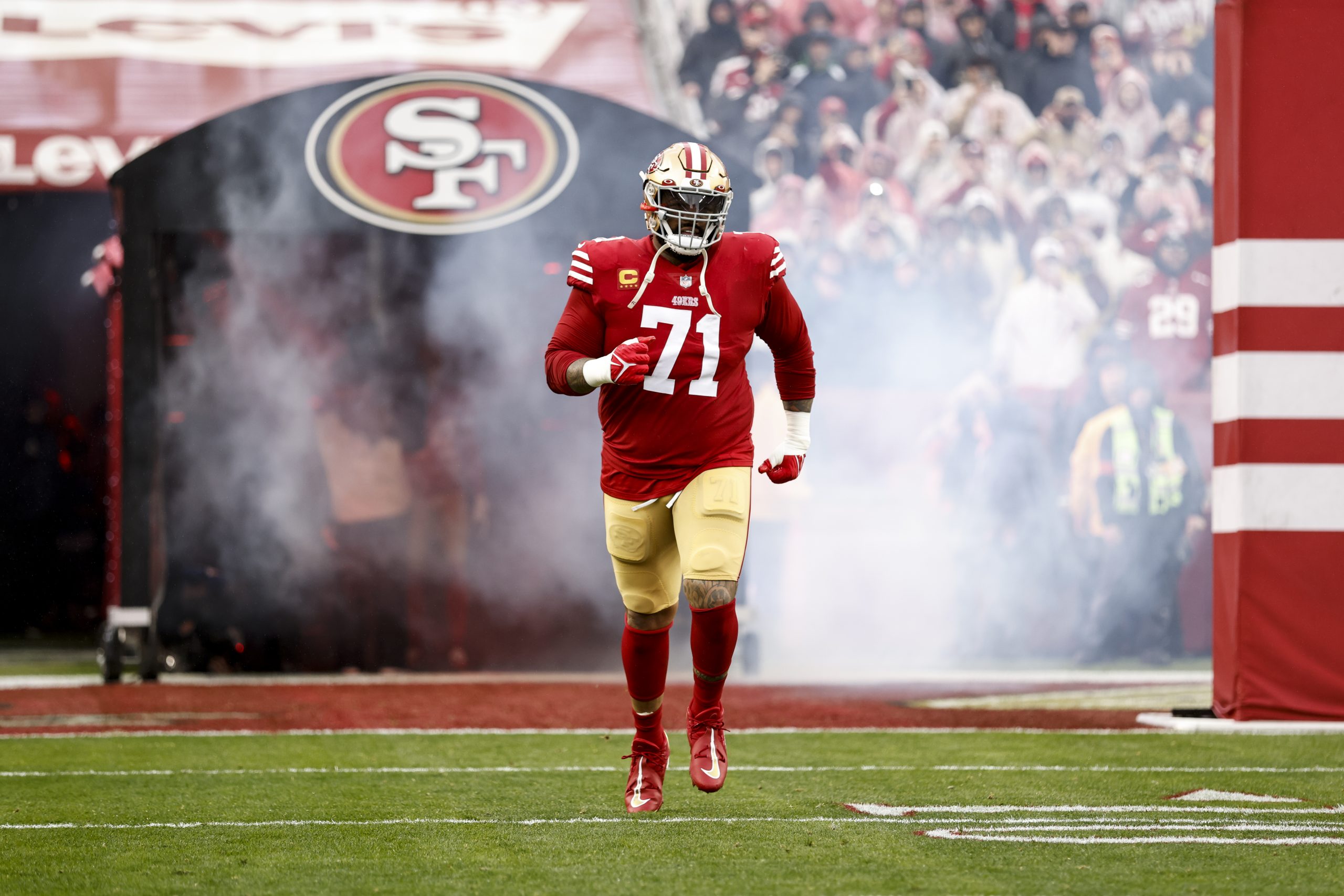 Trent Williams #71 of the San Francisco 49ers takes the field prior to an NFL football game between...