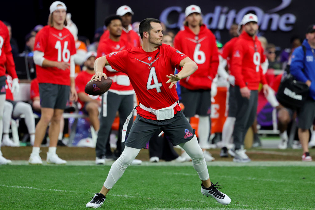 Derek Carr of the Las Vegas Raiders and AFC throws a pass against the NFC during the 2023 NFL Pro B...