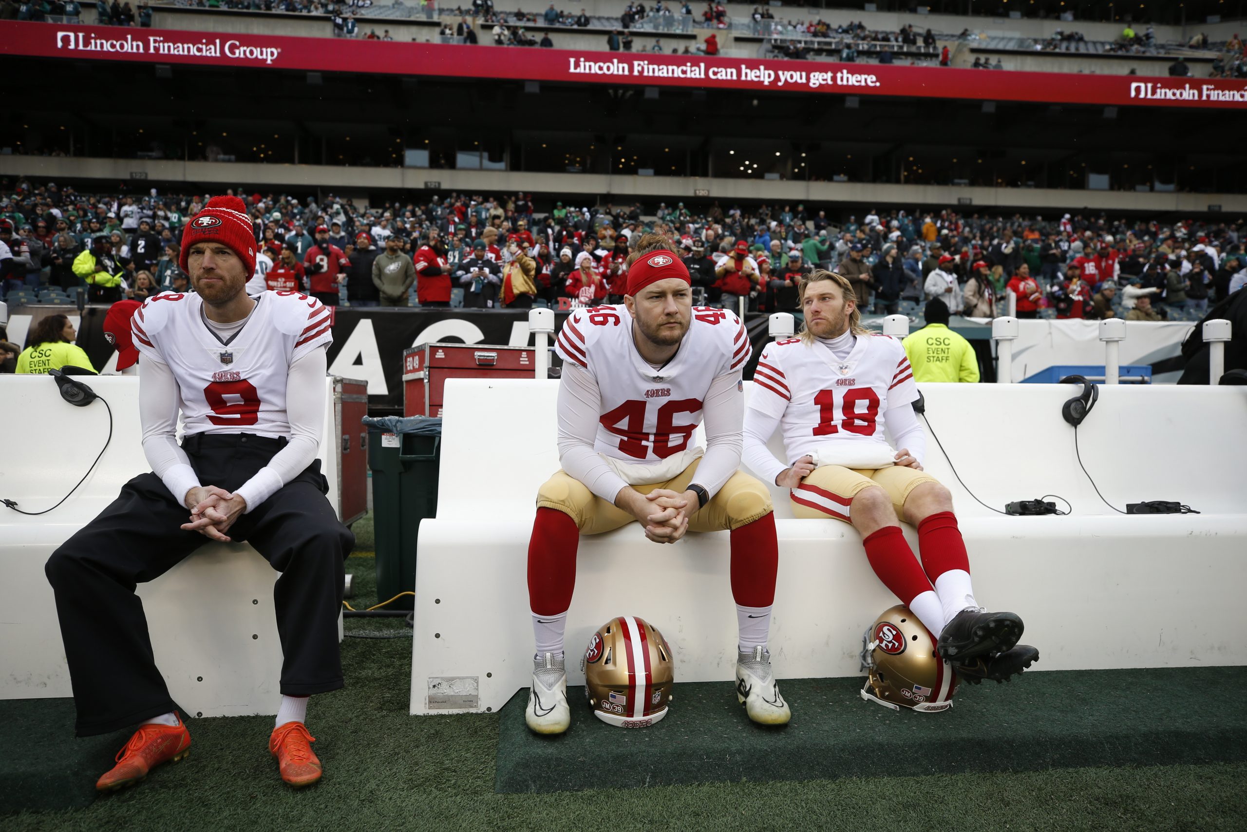 Robbie Gould #9, Taybor Pepper #46 and Mitch Wishnowsky #18 of the San Francisco 49ers on the bench...