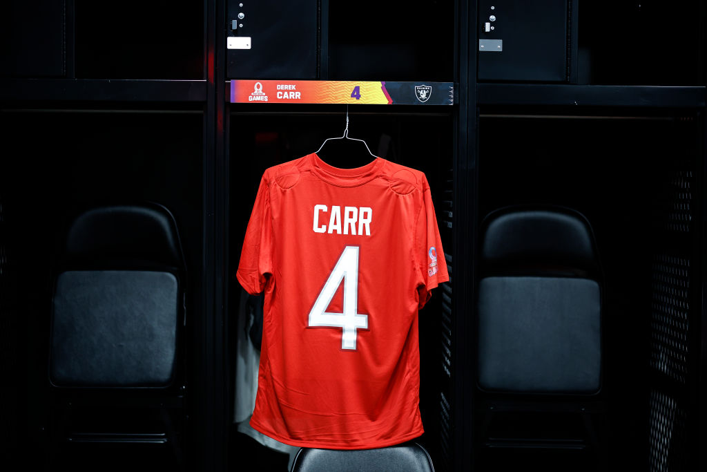 A general view of AFC quarterback Derek Carr #4 of the Las Vegas Raiders jersey hanging in the lock...