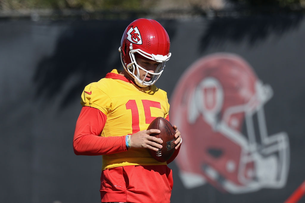 Patrick Mahomes #15 of the Kansas City Chiefs participates in a practice session prior to Super Bow...
