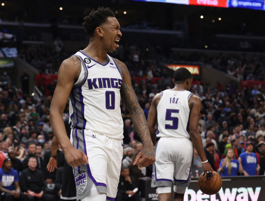 Malik Monk #0 of the Sacramento Kings reacts to his basket during a 176-175 double overtime Kings w...
