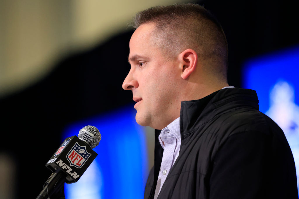 Head coach Josh McDaniels of the Las Vegas Raiders speaks to the media during the NFL Combine at Lu...