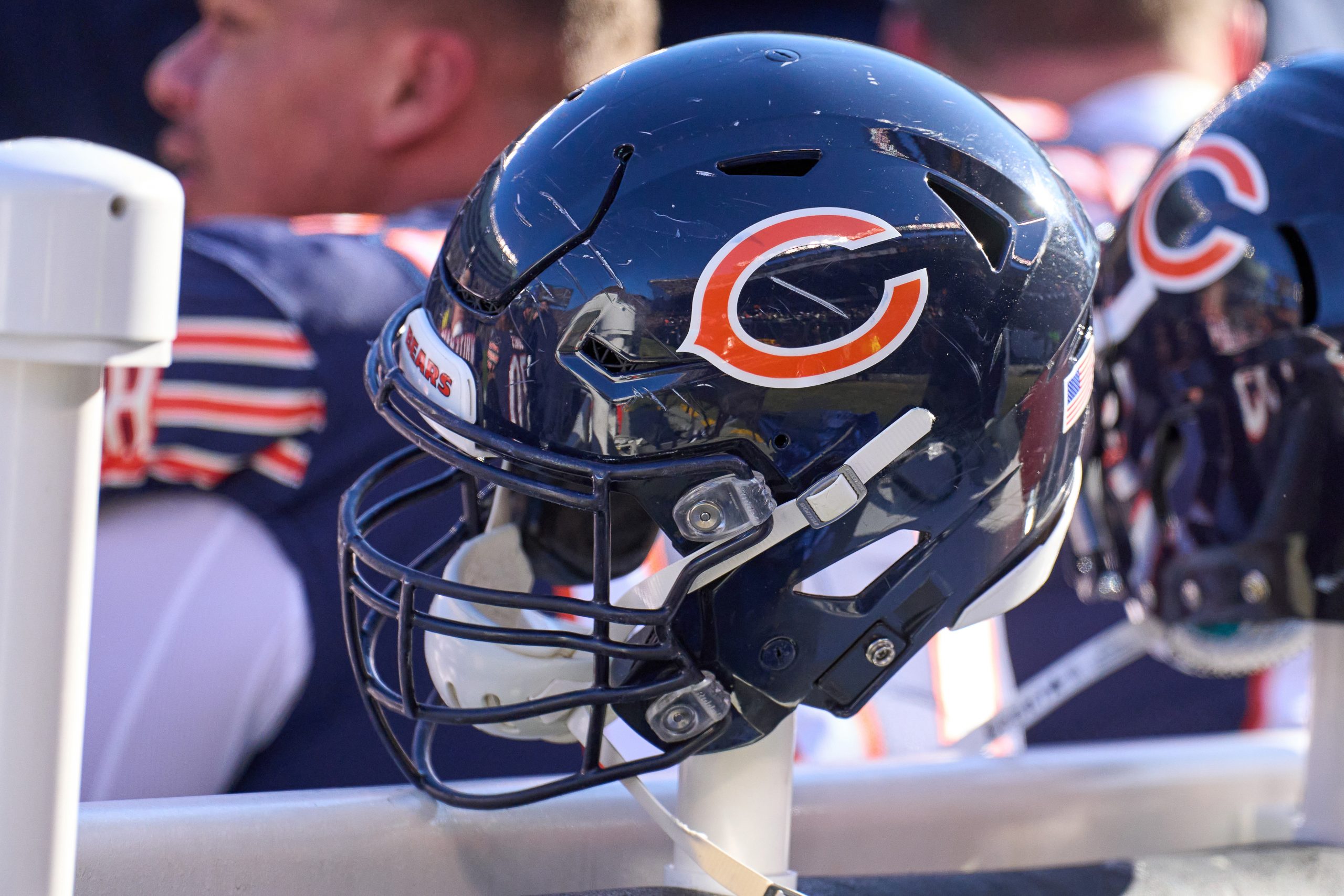 A detail view of a Chicago Bears helmet is seen in action during a game between the Philadelphia Ea...