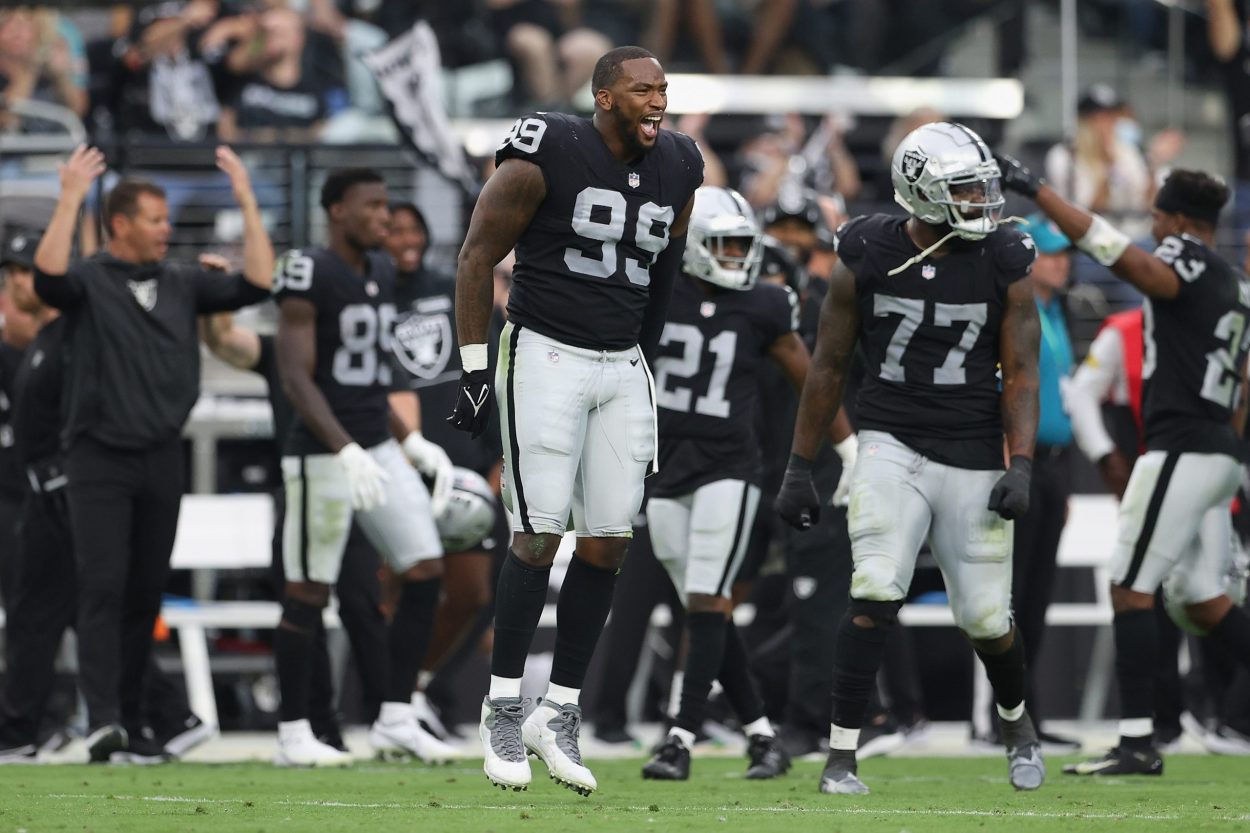 Defensive end Clelin Ferrell #99 of the Las Vegas Raiders celebrates during the NFL game against th...
