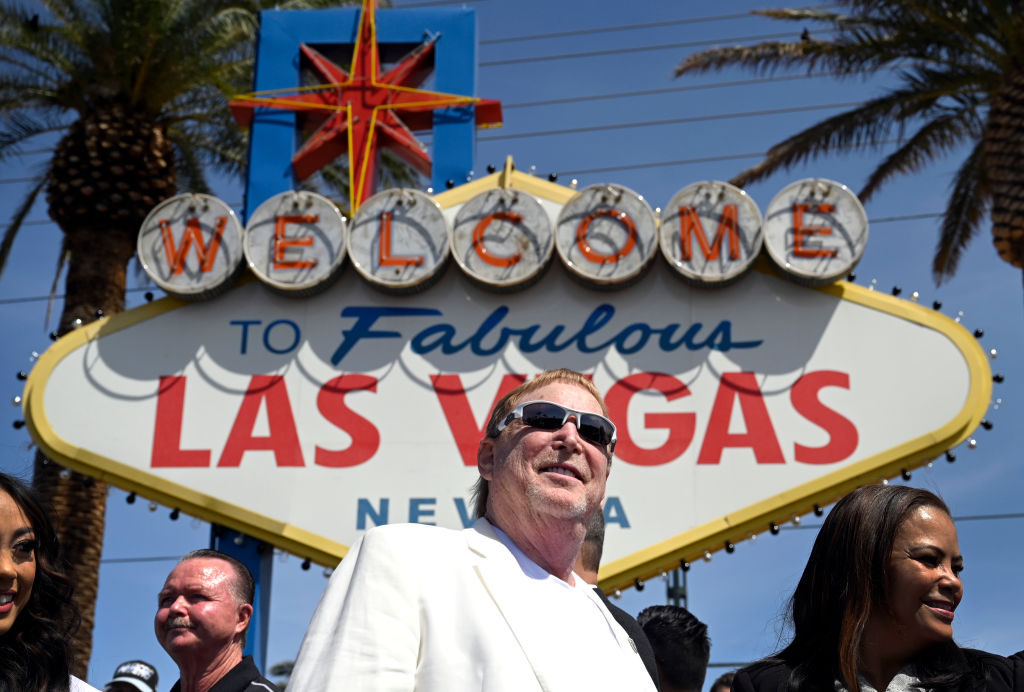 Las Vegas Raiders owner Mark Davis poses during a kick-off event celebrating the 2022 NFL Draft at ...