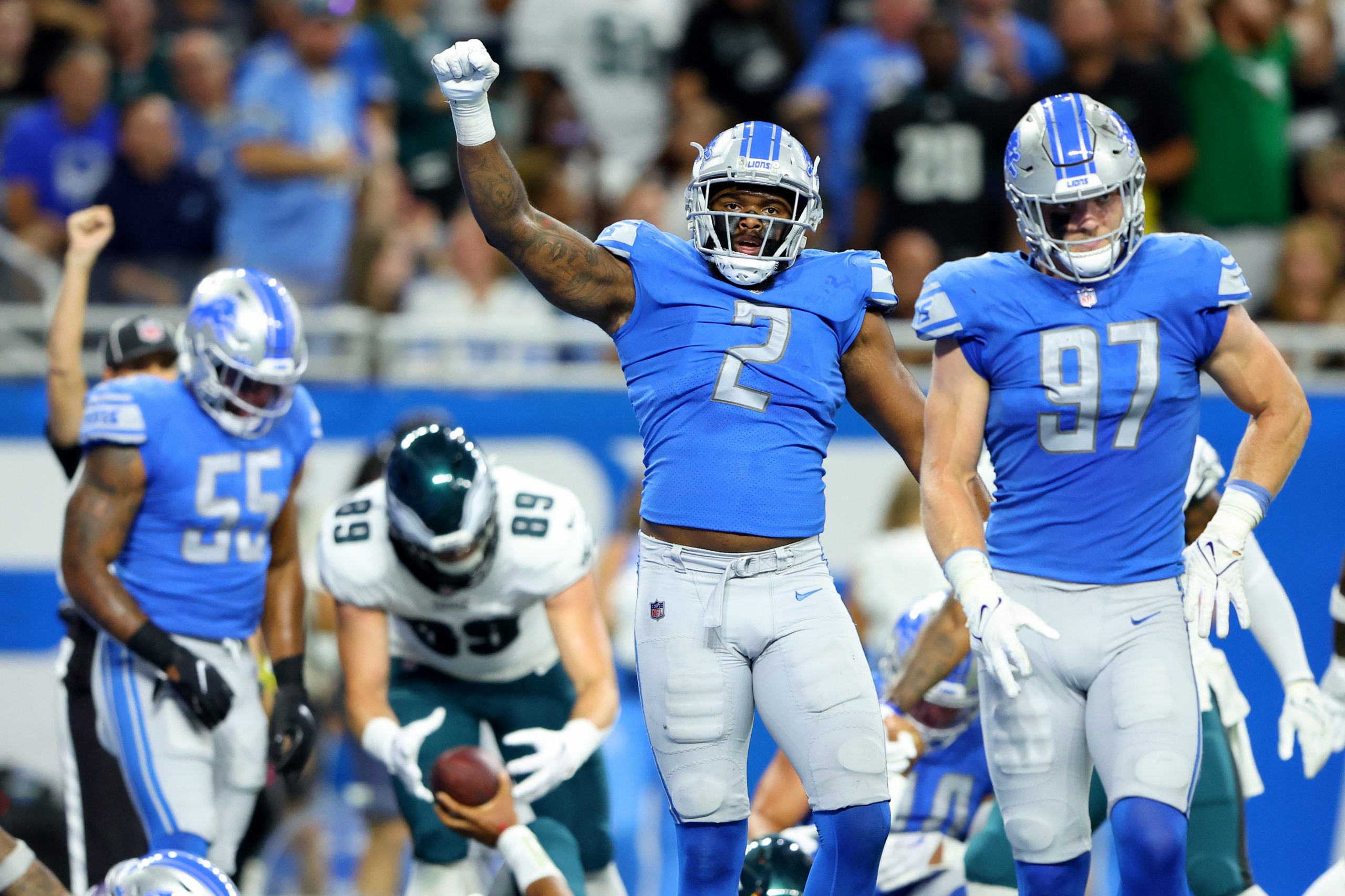 Austin Bryant #2 of the Detroit Lions reacts after a play during the first quarter in the game agai...