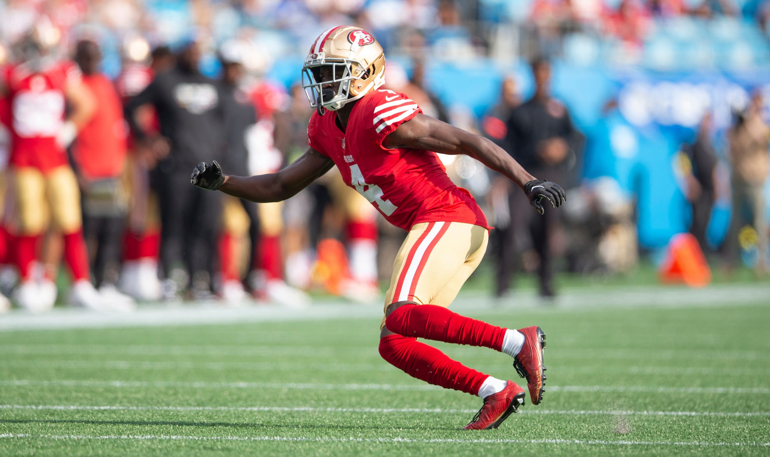 Emmanuel Moseley #4 of the San Francisco 49ers defends during the game against the Carolina Panther...