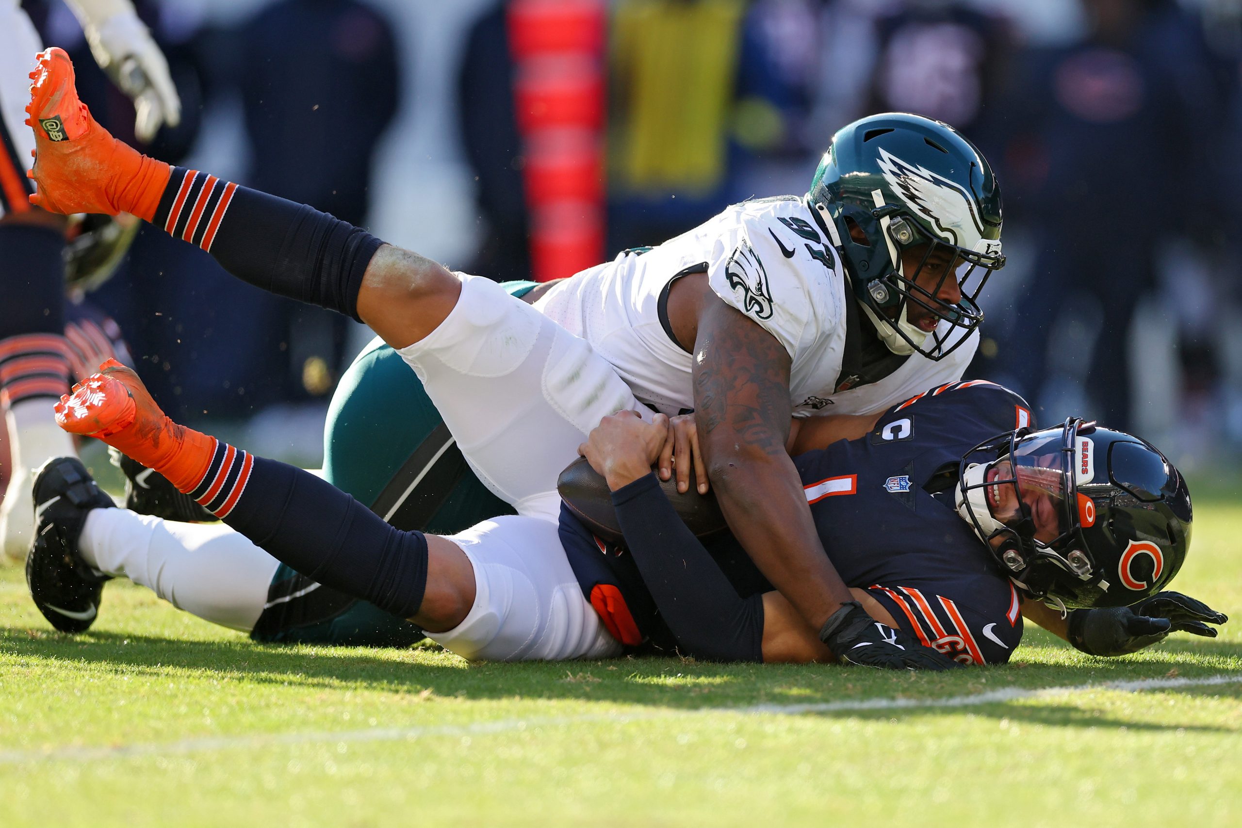 Javon Hargrave #97 of the Philadelphia Eagles sacks Justin Fields #1 of the Chicago Bears during th...