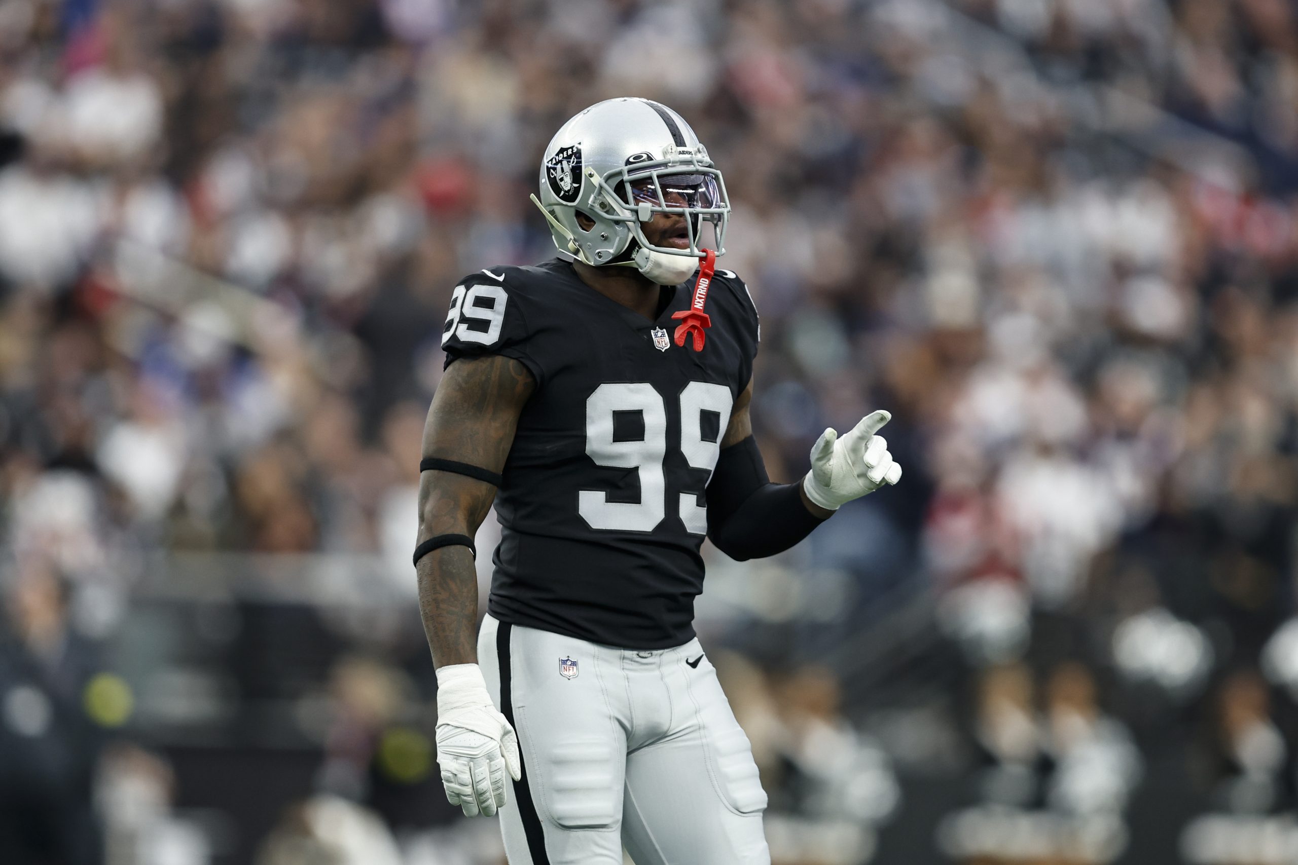 Clelin Ferrell #99 of the Las Vegas Raiders reacts during an NFL football game between the Las Vega...