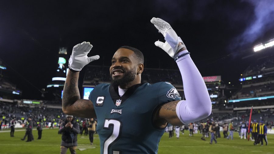 Darius Slay #2 of the Philadelphia Eagles reacts against the New York Giants during the NFC Divisional Playoff game at Lincoln Financial Field on January 21, 2023 in Philadelphia, Pennsylvania.