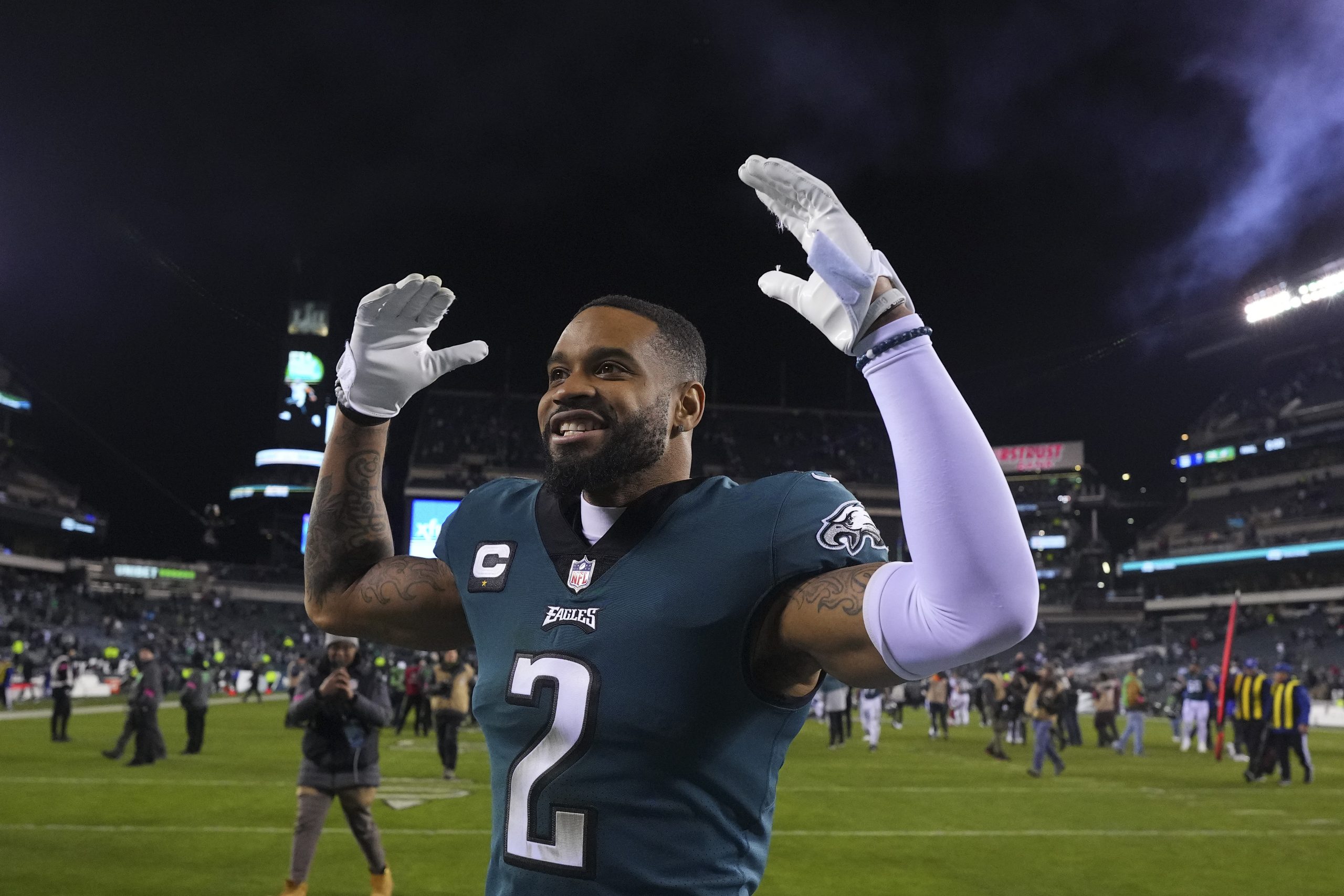 Darius Slay #2 of the Philadelphia Eagles reacts against the New York Giants during the NFC Divisio...