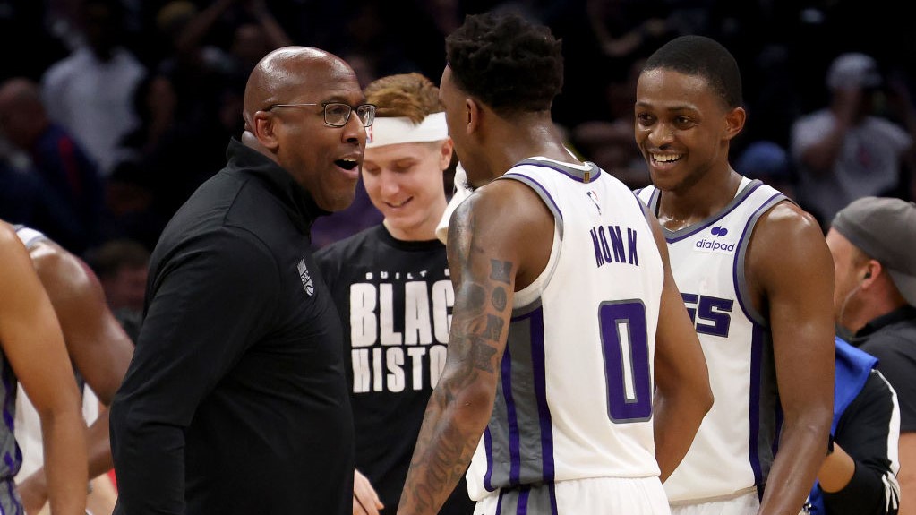 Head coach Mike Brown of the Sacramento Kings celebrates a 176-175 double overtime win over the LA ...