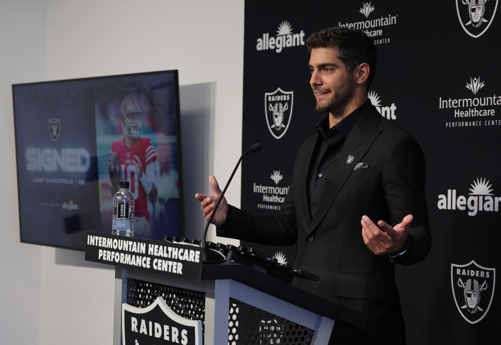 Jimmy Garoppolo is introduced at the Las Vegas Raiders Headquarters/Intermountain Healthcare Perfor...