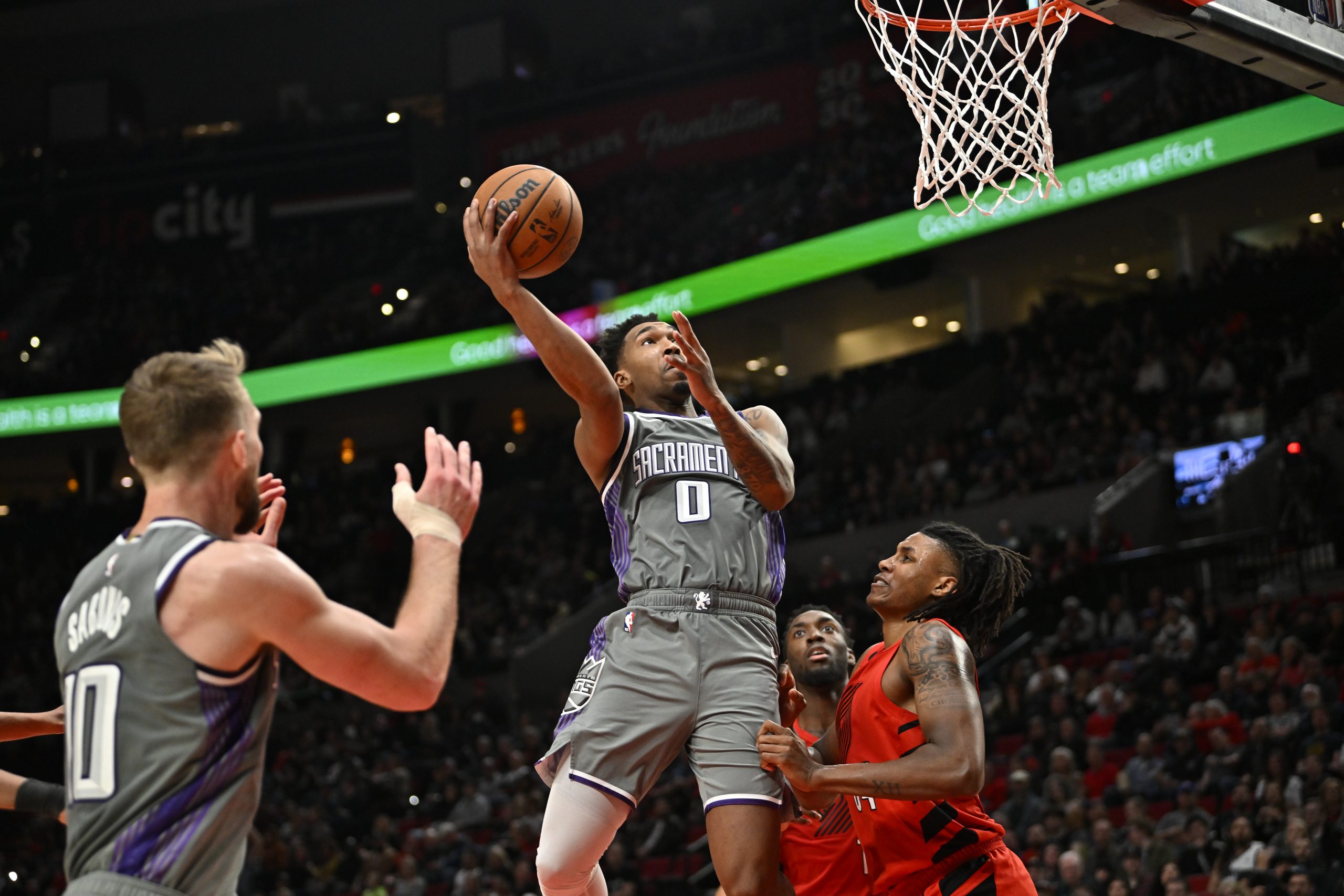 PORTLAND, OREGON - MARCH 29: Malik Monk #0 of the Sacramento Kings in action during the third quart...