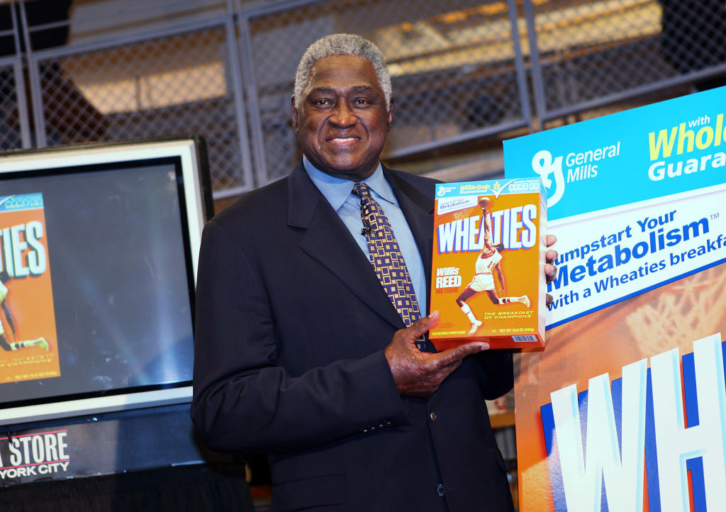 NBA legend Willis Reed poses with his Wheaties box during the unveiling of the special-edition Whea...