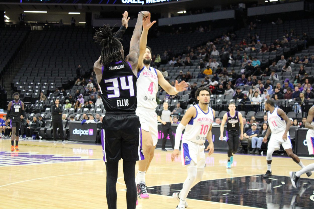 Keon Ellis of the Stockton Kings takes a shot during the team's season finale at the Golden 1 Cente...
