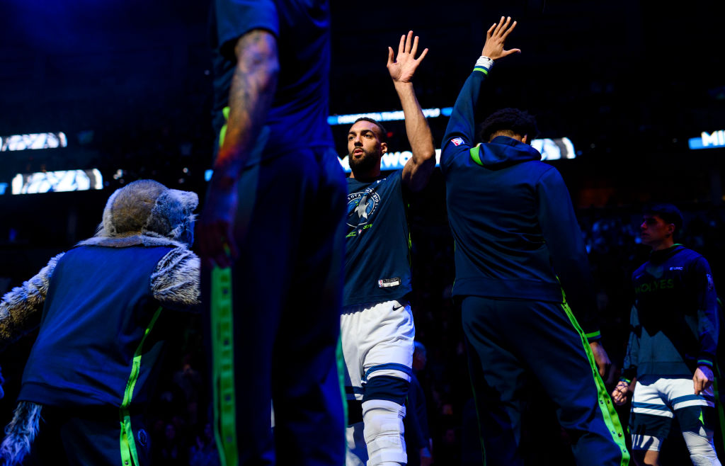 Rudy Gobert #27 of the Minnesota Timberwolves is introduced before the game against the New Orleans...