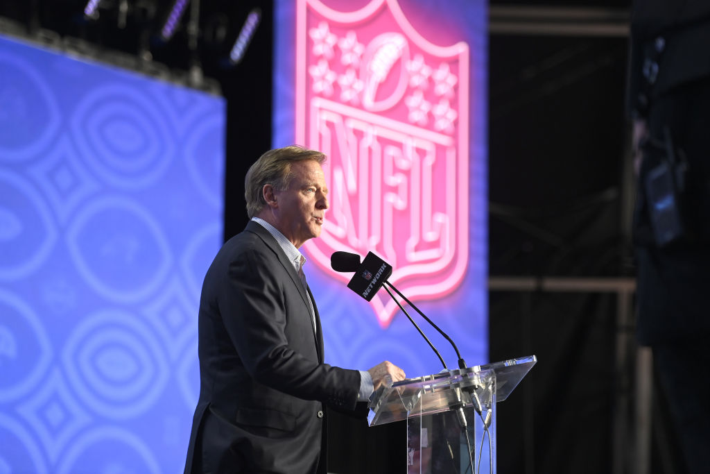 NFL Commissioner Roger Goodell speaks onstage to kick off round one of the 2022 NFL Draft on April ...