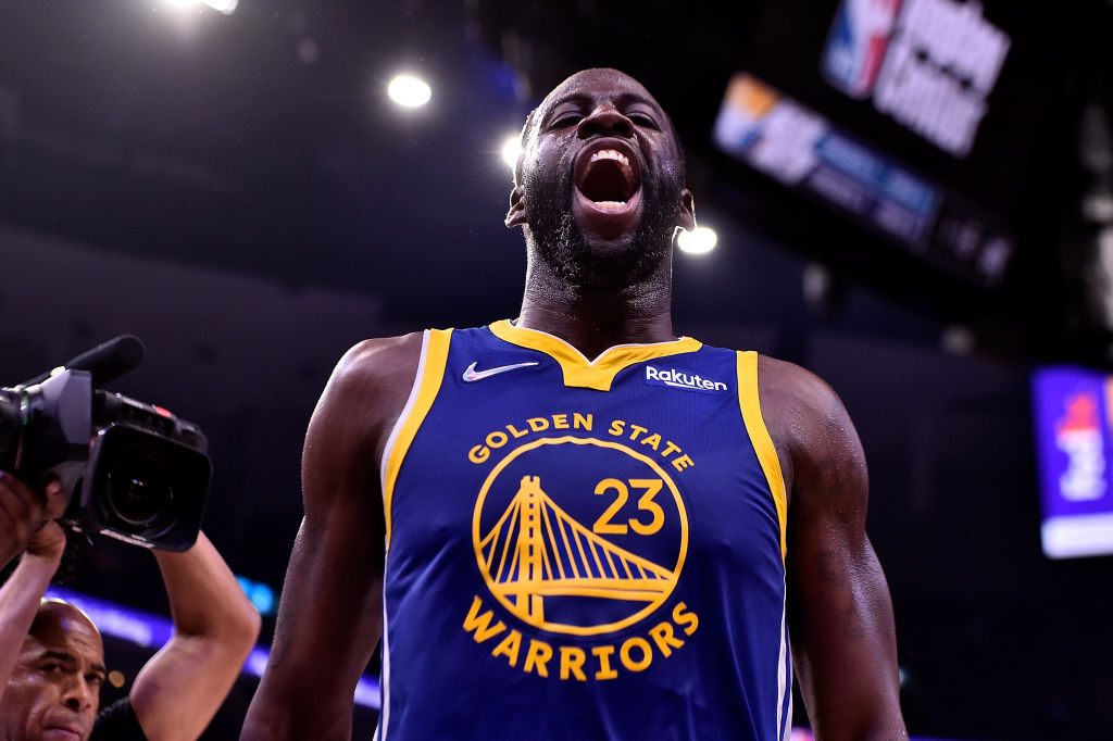Draymond Green #23 of the Golden State Warriors reacts after being ejected during Game One of the W...