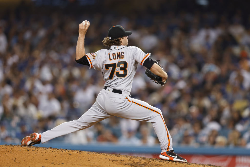 Sam Long #73 of the San Francisco Giants looks on during a game against the Los Angeles Dodgers in ...