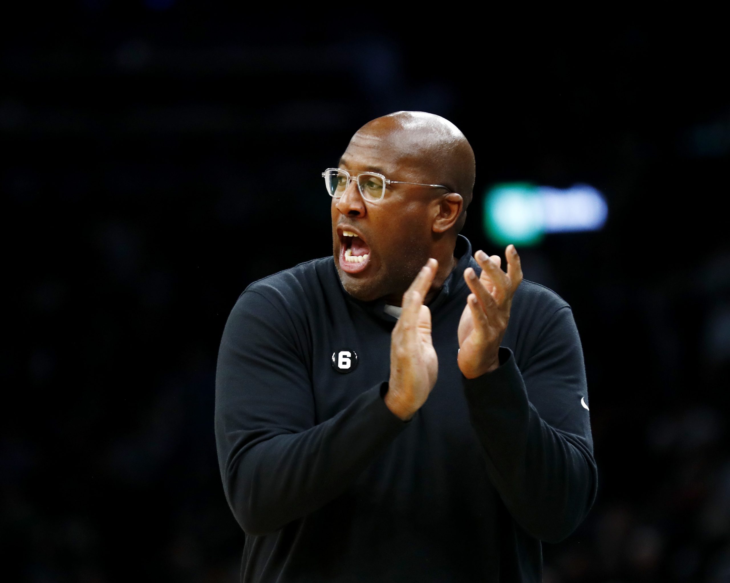BOSTON, MASSACHUSETTS - NOVEMBER 25: Head coach Mike Brown of the Sacramento Kings reacts during th...