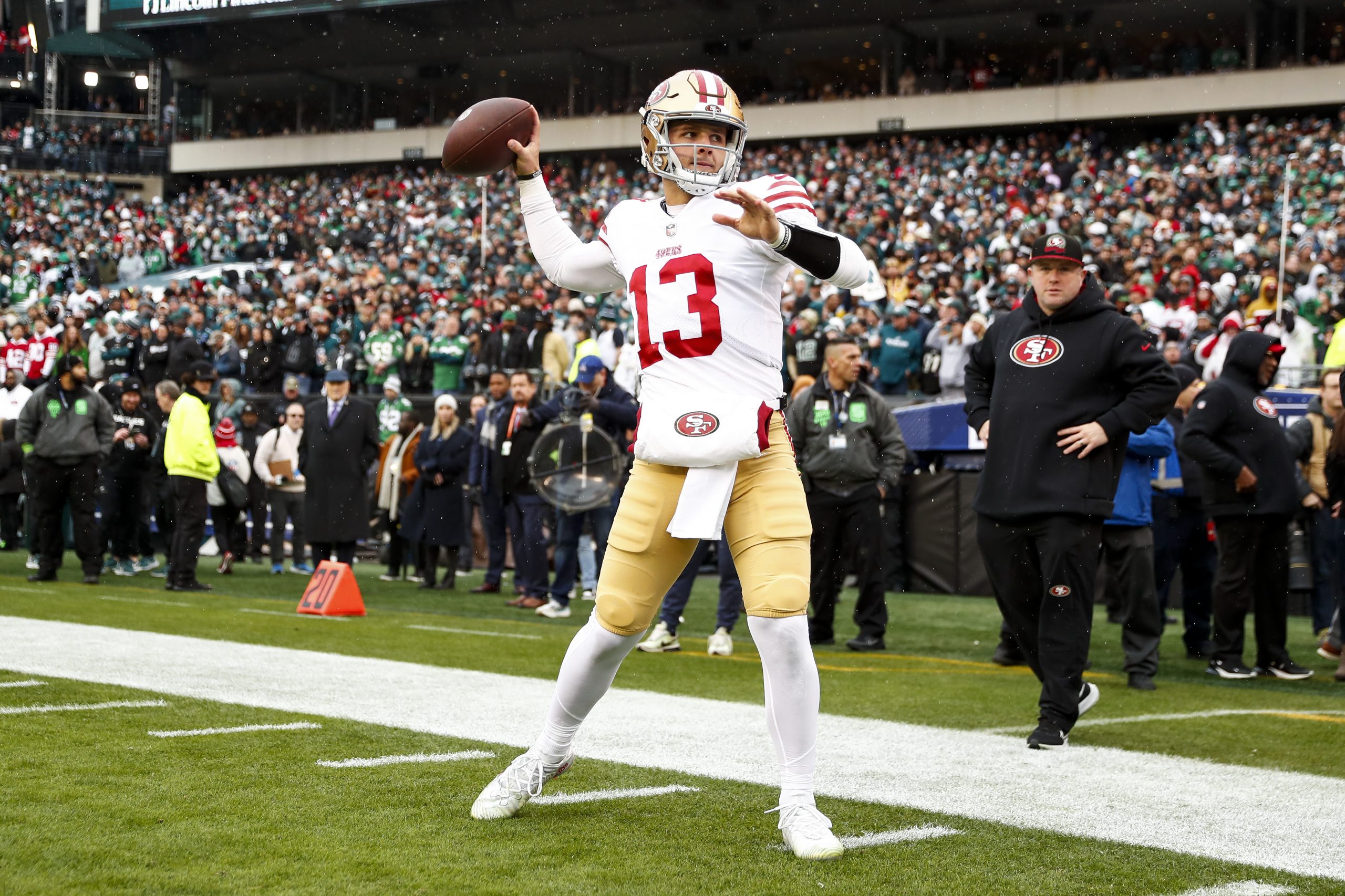 Brock Purdy #13 of the San Francisco 49ers warms up prior to the NFC Championship NFL football game...