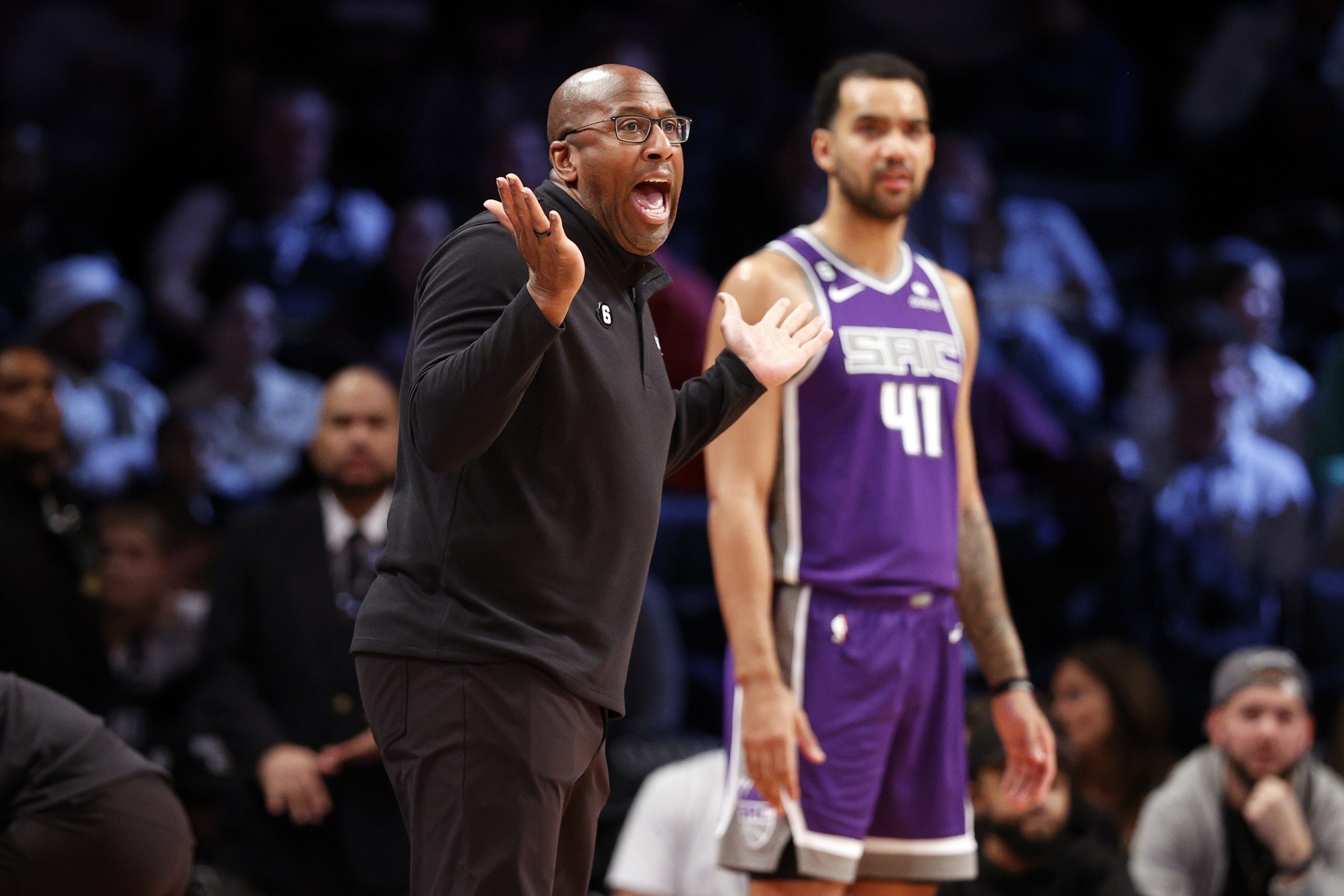 NEW YORK, NEW YORK - MARCH 16: Head coach Mike Brown of the Sacramento Kings reacts during the firs...