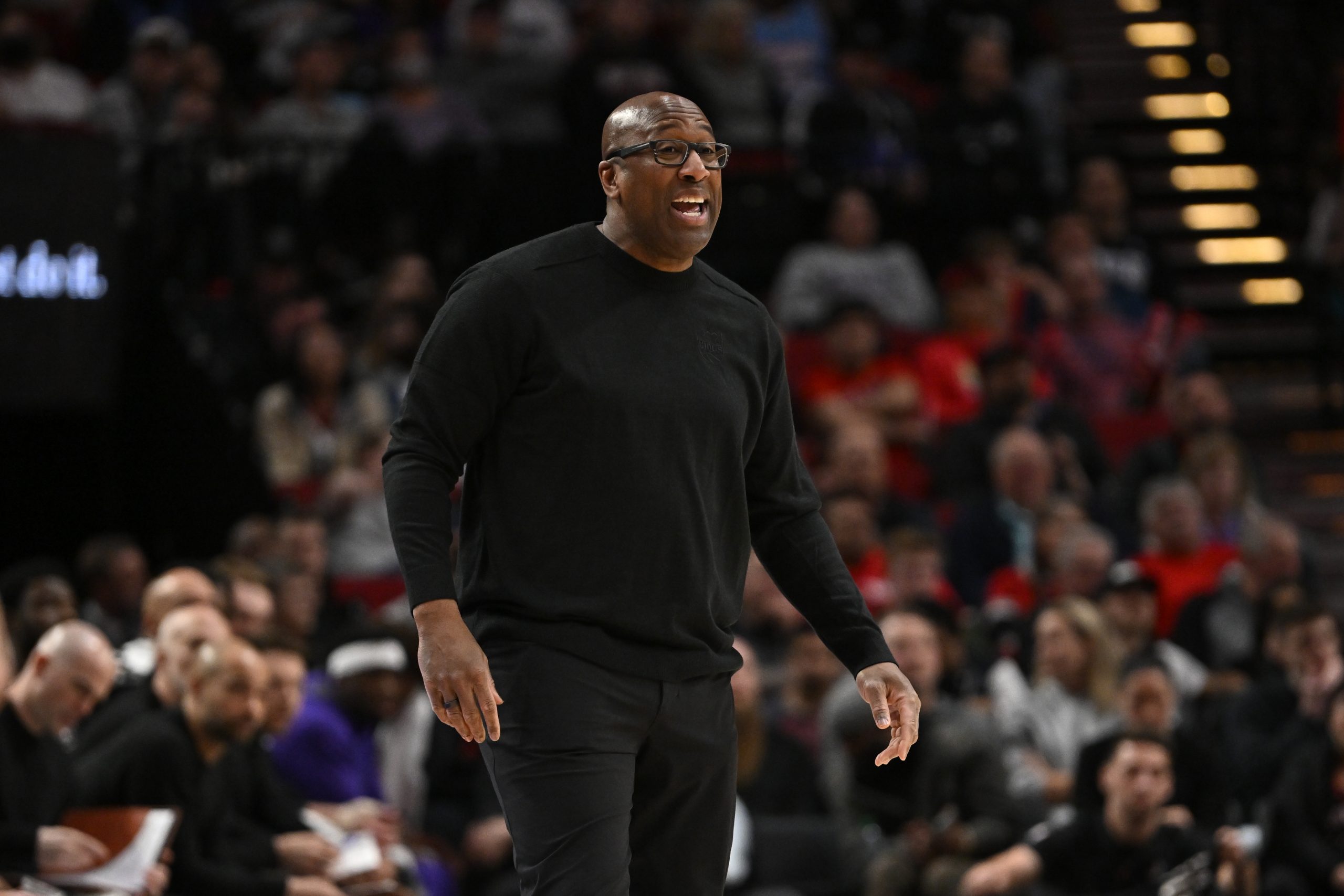 PORTLAND, OREGON - MARCH 31: Head coach Mike Brown of the Sacramento Kings reacts during the third ...