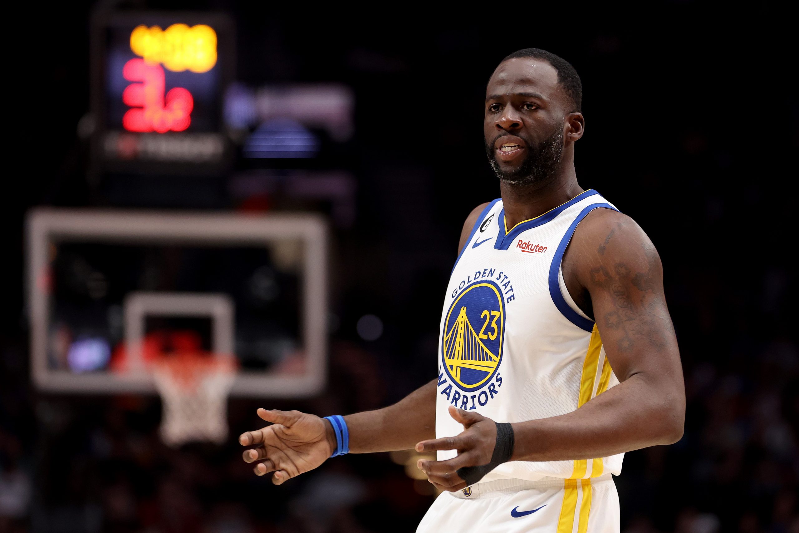 Draymond Green #23 of the Golden State Warriors reacts during the second quarter against the Portla...
