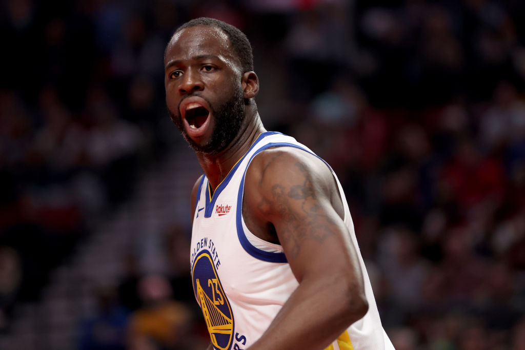 Draymond Green #23 of the Golden State Warriors reacts during the second quarter against the Portla...