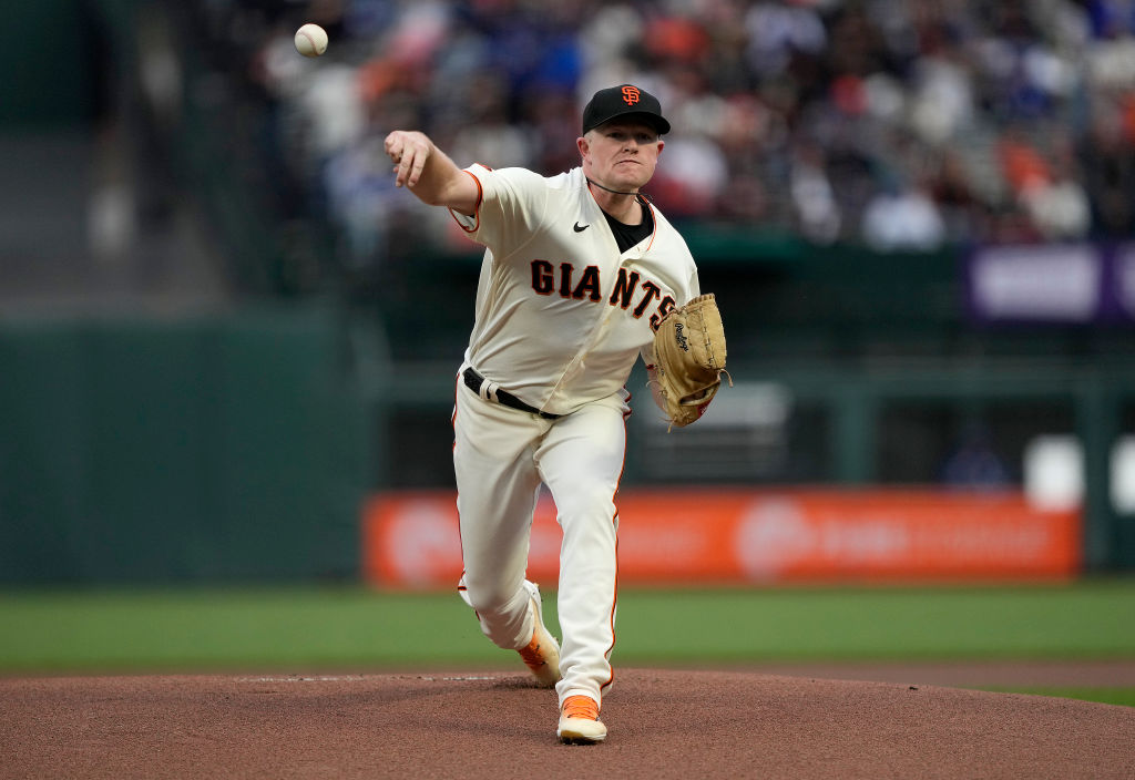 Logan Webb #62 of the San Francisco Giants pitches against the Los Angeles Dodgers in the top of th...
