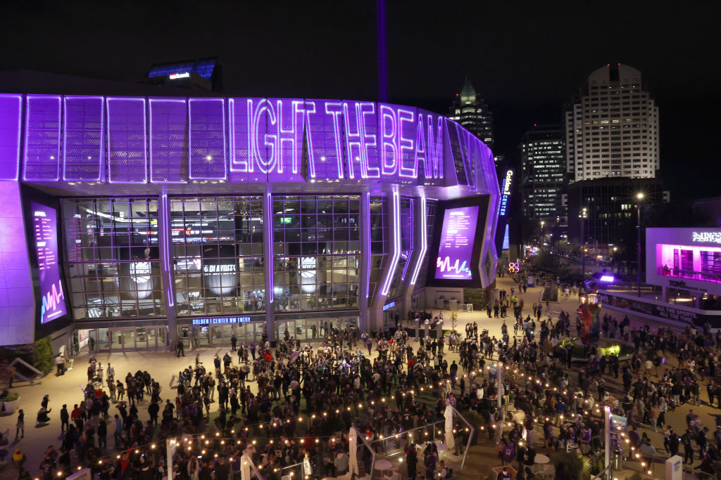 An exterior view of the Golden 1 Center after they lit the beam after the Sacramento Kings beat the...