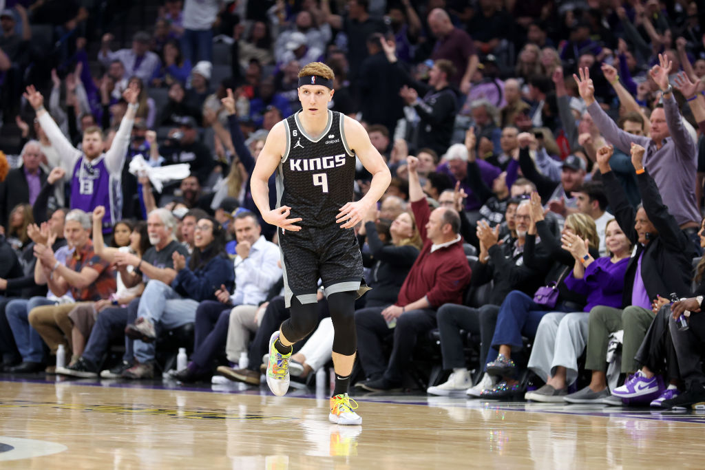 Kevin Huerter #9 of the Sacramento Kings reacts after making a basket against the Golden State Warr...