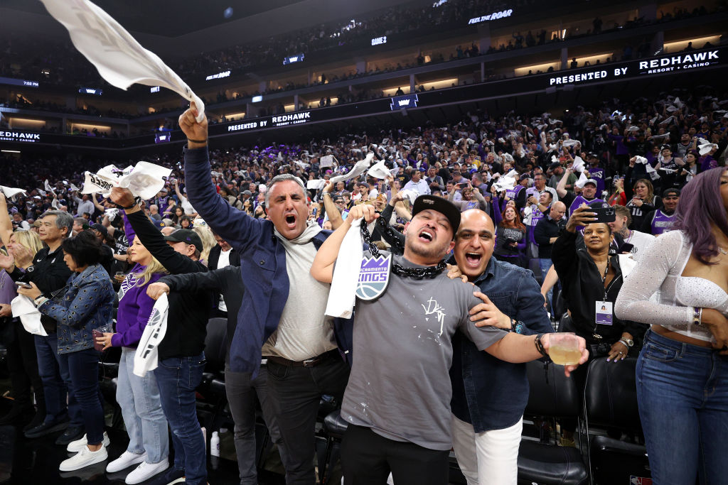 Sacramento Kings fans cheer on their team before they play the Golden State Warriors in Game Two of...