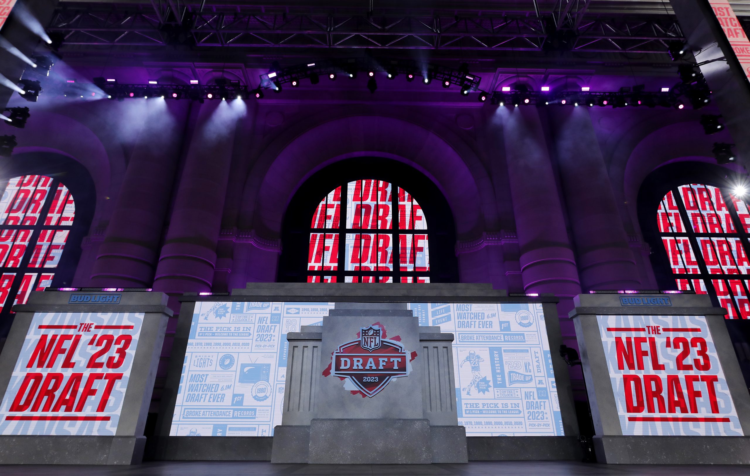 A detailed view of the atmosphere prior to the first round of the 2023 NFL Draft at Union Station o...