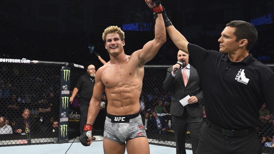 Sage Northcutt celebrates defeating Zak Ottow by TKO in their welterweight fight during the UFC Fight Night event inside CenturyLink Arena on July 14, 2018 in Boise, Idaho.