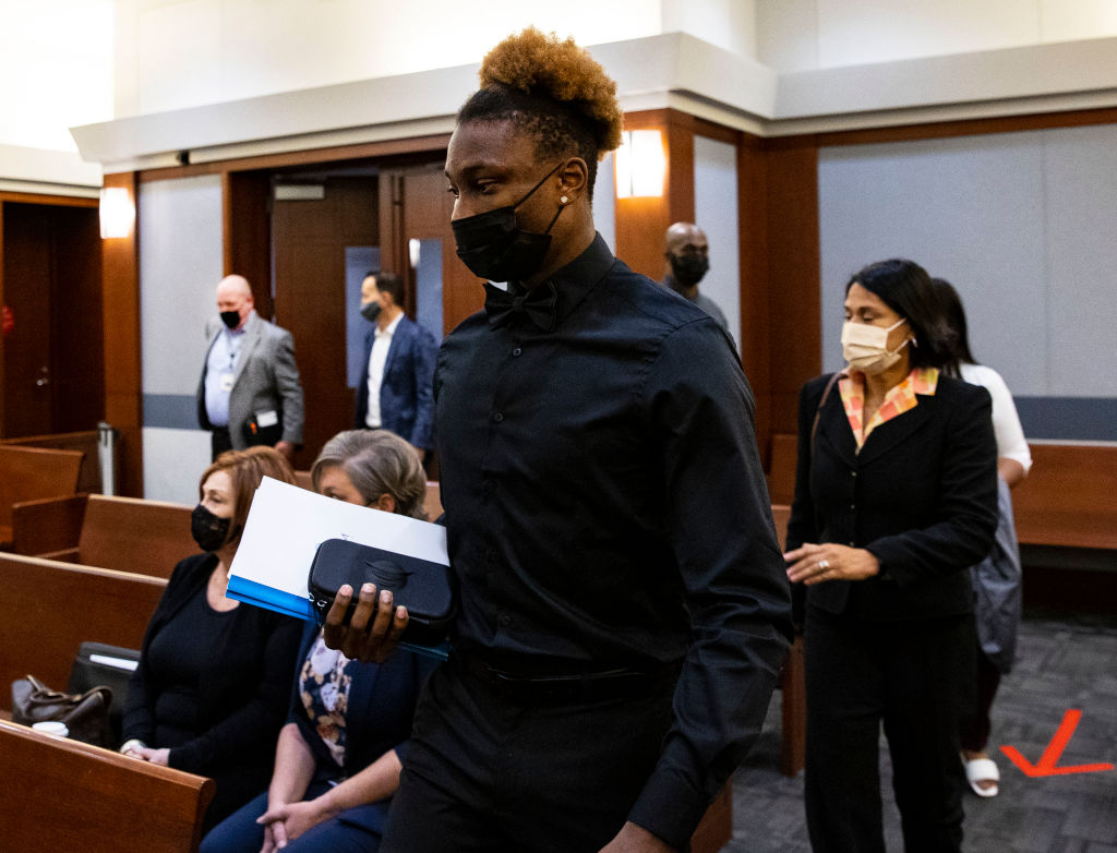 Former Las Vegas Raiders player Henry Ruggs III appears in court at the Regional Justice Center on ...