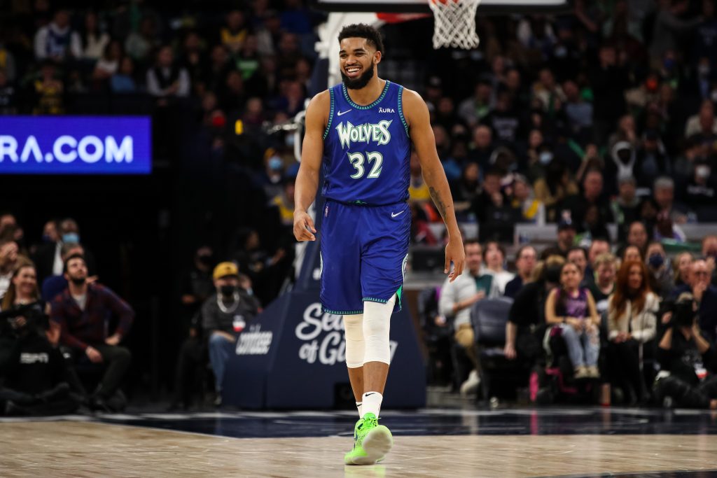  Karl-Anthony Towns #32 of the Minnesota Timberwolves reacts after Patrick Beverley #22 is given a technical foul against the Los Angeles Lakers in the second quarter of the game at Target Center on December 17, 2021 in Minneapolis, Minnesota. NOTE TO USER: User expressly acknowledges and agrees that, by downloading and or using this Photograph, user is consenting to the terms and conditions of the Getty Images License Agreement. (Photo by David Berding/Getty Images)