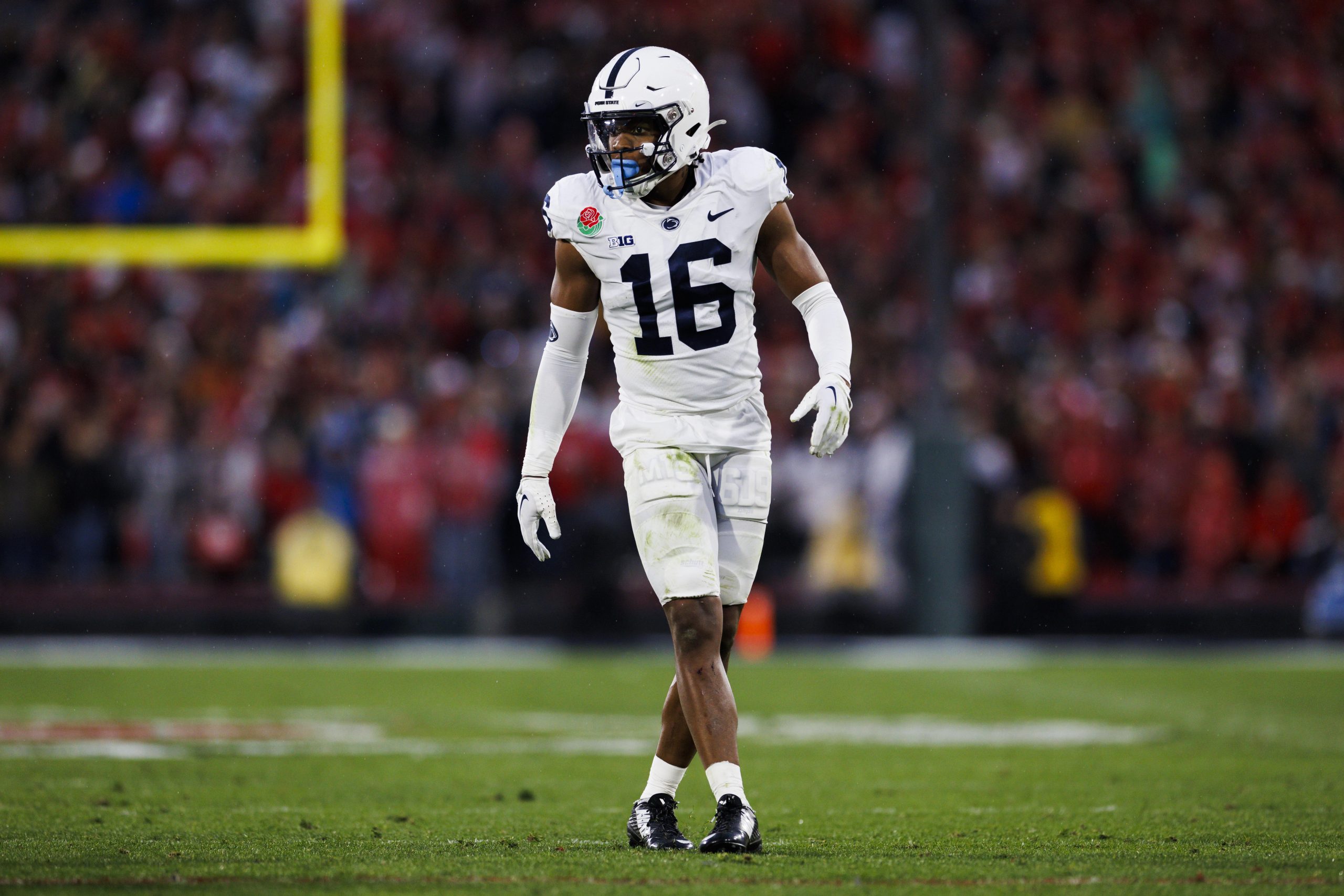 Penn State Nittany Lions safety Ji'Ayir Brown (16) defends during the Rose Bowl game between the Pe...