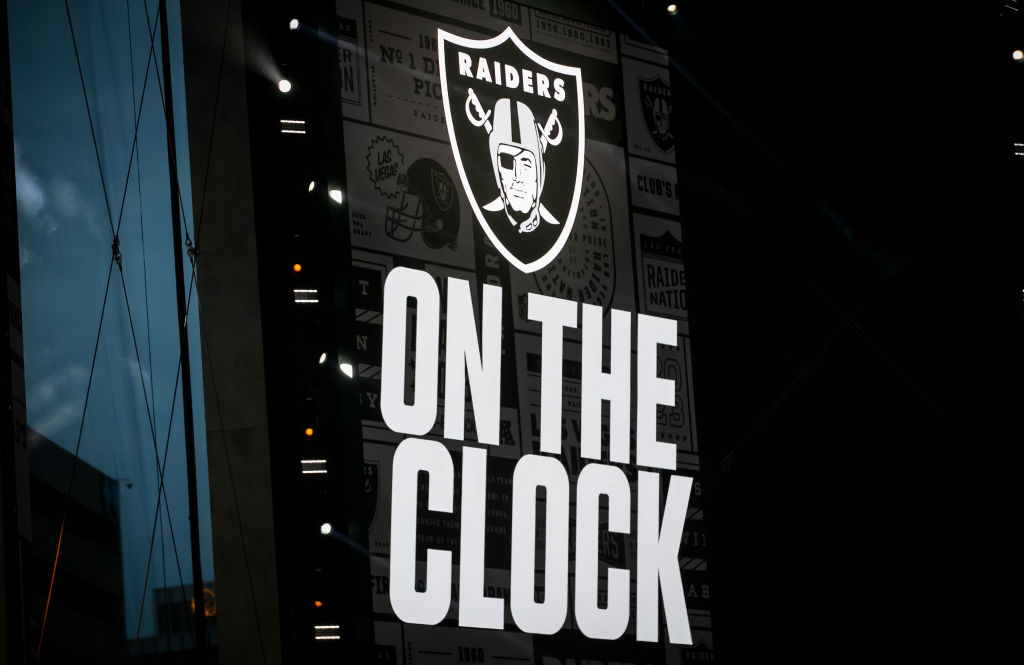 The on the clock branding is displayed for the Las Vegas Raiders during Round One of the 2023 NFL D...