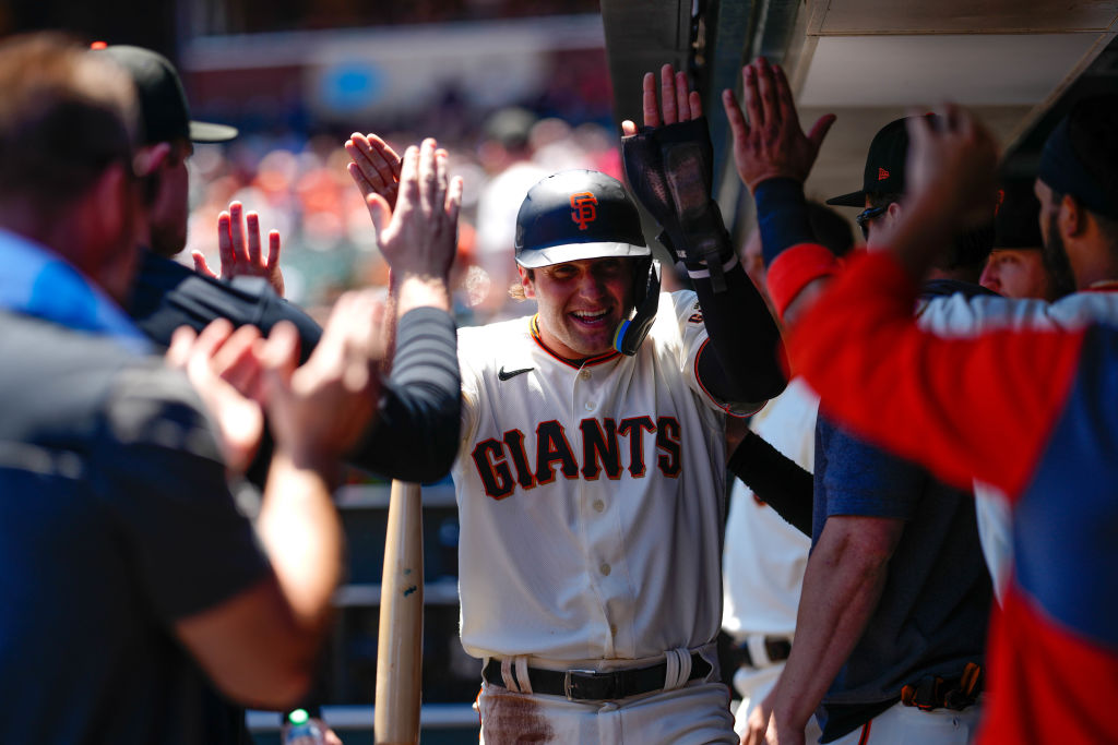 SAN FRANCISCO, CALIFORNIA - MAY 17: Casey Schmitt #6 of the San Francisco Giants celebrates after s...