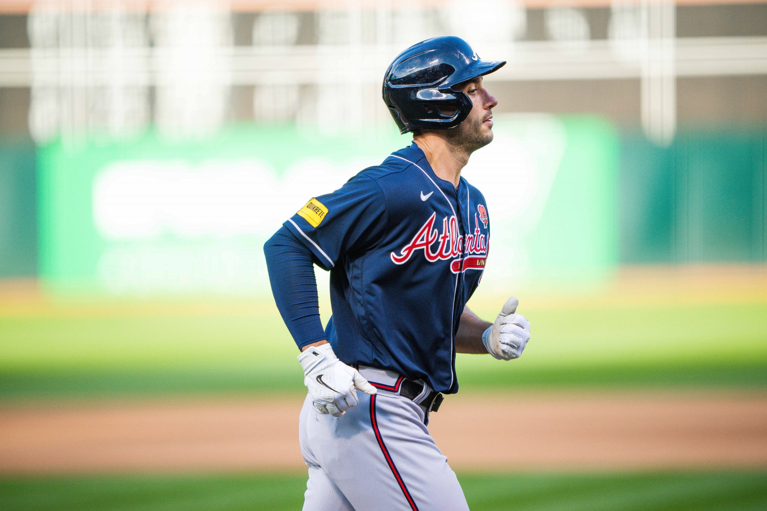 OAKLAND, CA - MAY 29: Matt Olson #28 of the Atlanta Braves hits a home run during the eighth inning...