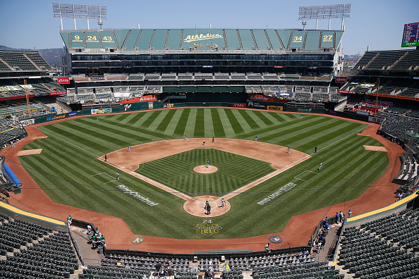 OAKLAND, CALIFORNIA - AUGUST 06: A general view of play between the Oakland Athletics and the Texas...