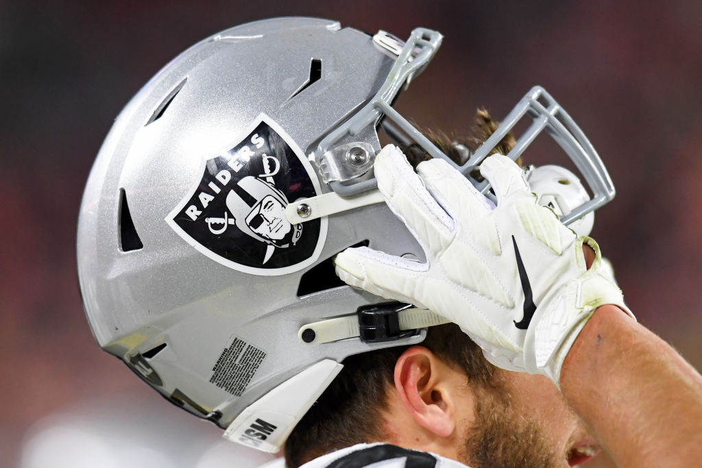 The helmet of Foster Moreau #87 of the Las Vegas Raiders during the second half against the Clevela...