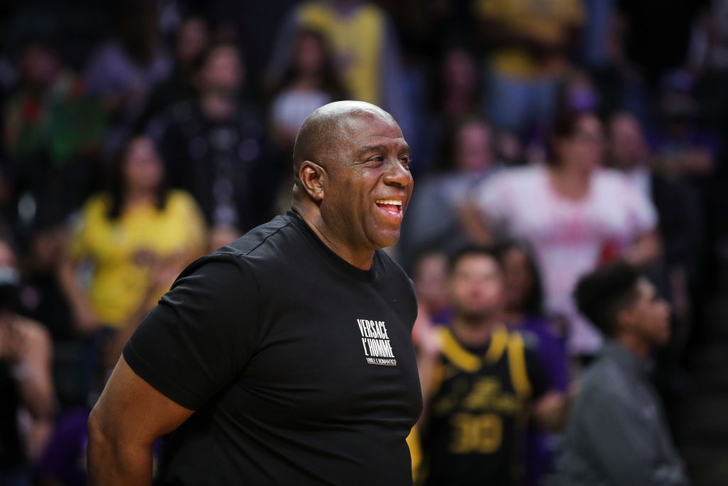 Owner Magic Johnson attends the game between the Los Angeles Sparks and the Minnesota Lynx at Crypt...