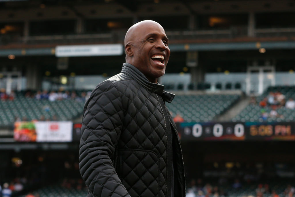 Former San Francisco Giants player Barry Bonds looks on during a Wall of Fame induction ceremony fo...