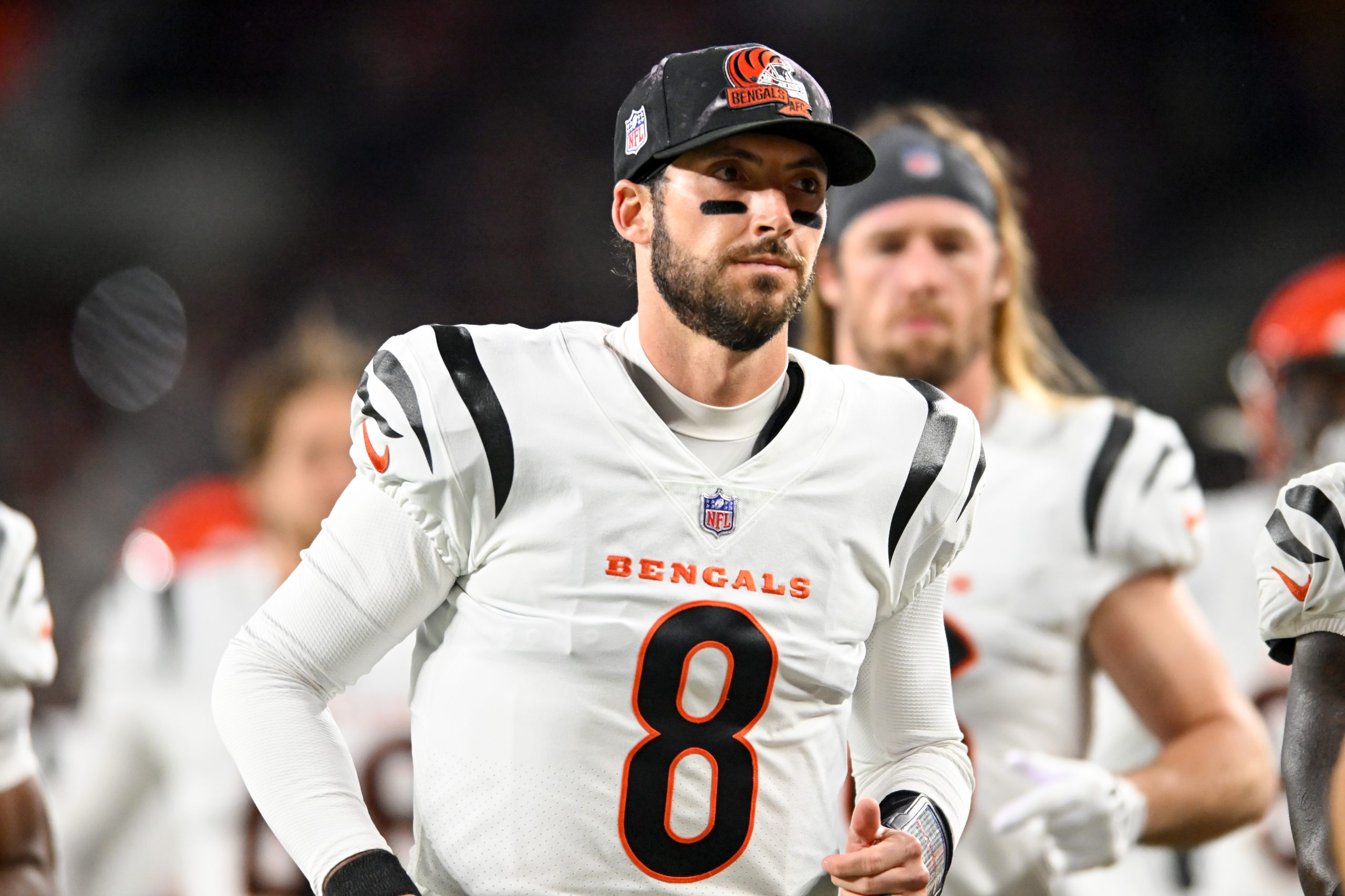 Brandon Allen #8 of the Cincinnati Bengals runs off the field at halftime against the Cleveland Bro...