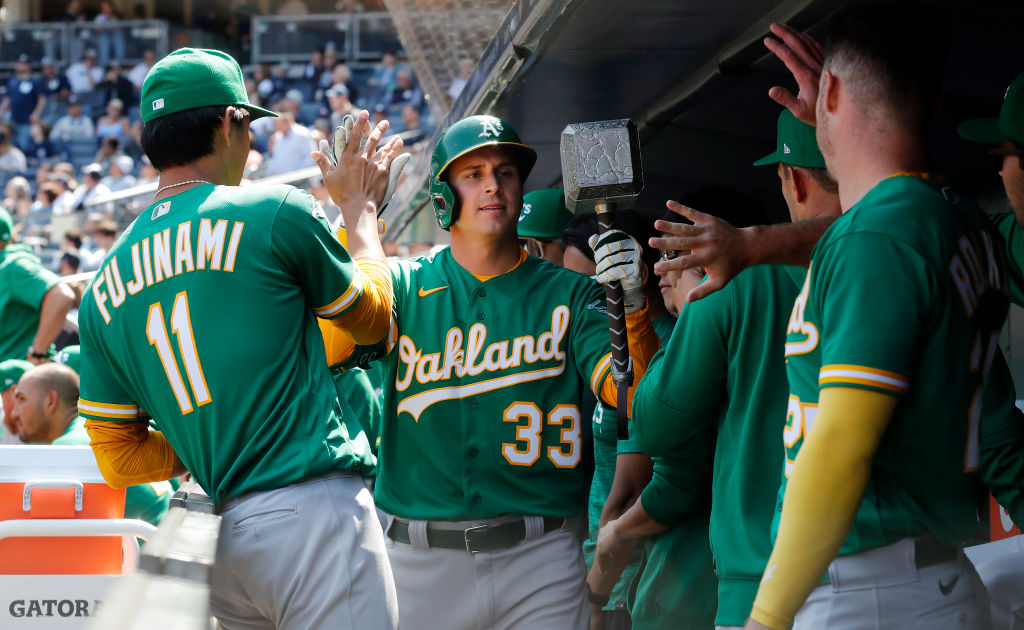 JJ Bleday #33 of the Oakland Athletics celebrates his seventh inning home run against the New York ...