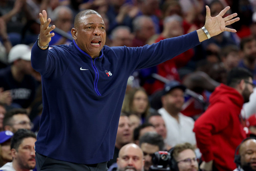 Head Coach Doc Rivers of the Philadelphia 76ers reacts against the Boston Celtics during the first ...